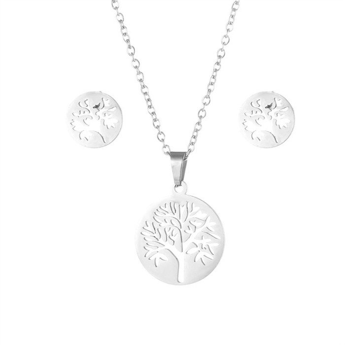 Stainless Steel Tree of Life Pendant Earings Set Women's Glossy Women's Small Lucky Tree Necklace