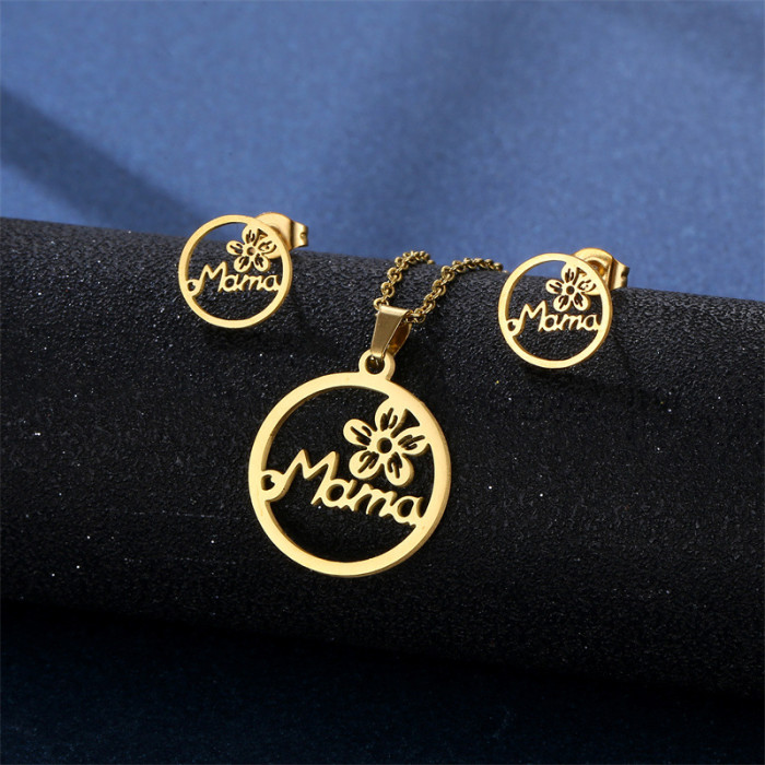 Amazon New Flower Mama Stainless Steel Necklace and Earring Suit Female Pendant Mother's Day Gift