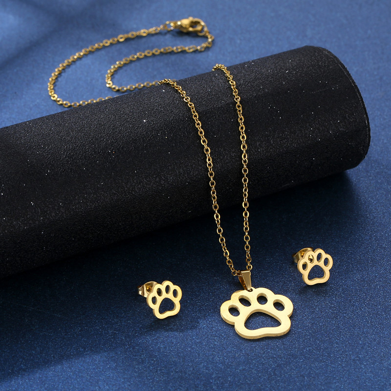 Cat’s Paw Dog’s Paw Stainless Steel Necklace and Earring Suit Fashion Ornament