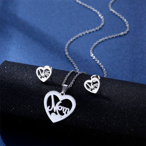 Women's Heart Necklace Simple Mom Ear Stud Pendant Suit