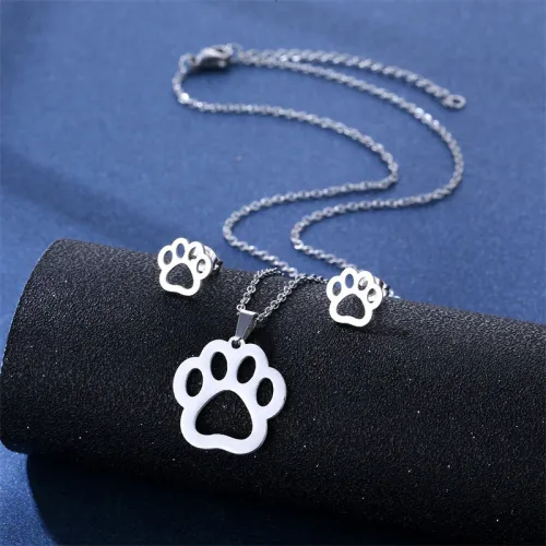 Animal Foot Necklace and Earring Suit Cute Puppy Cat's Paw Steel Clavicle Chain Wholesale