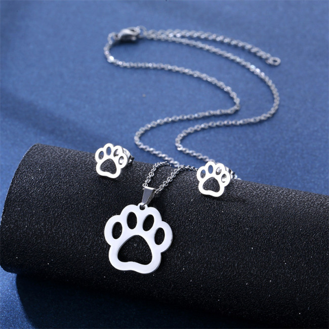 Animal Foot Necklace and Earring Suit Cute Puppy Cat's Paw Steel Clavicle Chain Wholesale