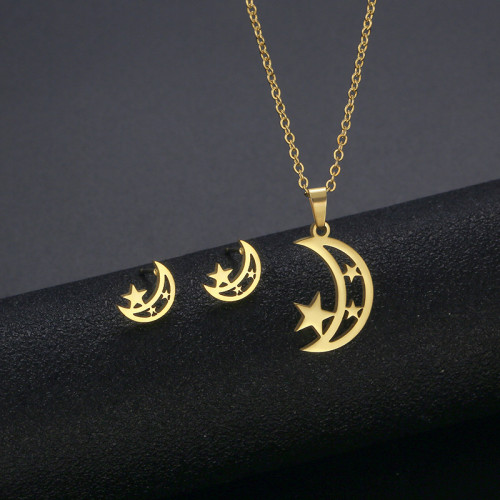 Xingyue Suit Stainless Steel Hollow Star and Moon Necklace Stud Earrings Personal Accessories Clavicle Chain