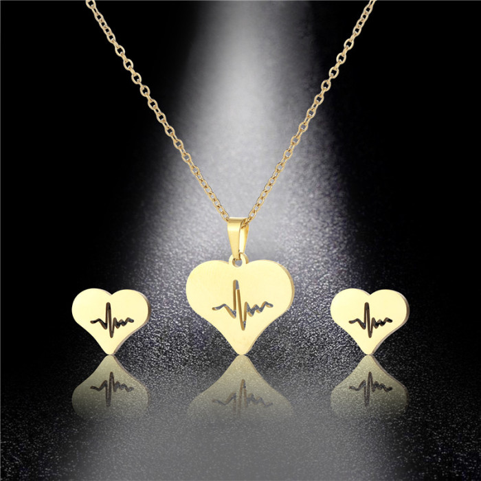 Necklace Suit Elegant Heart Necklace Hollow ECG Eardrops Stud Earrings
