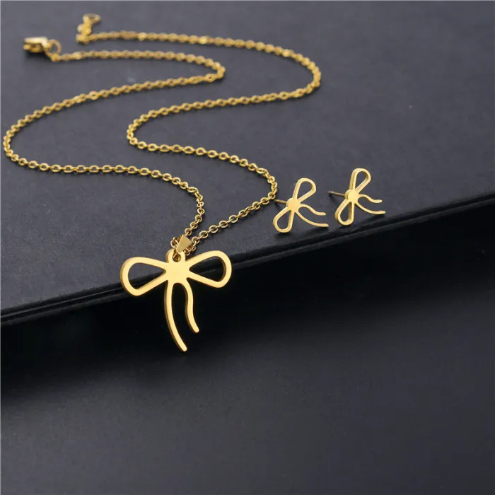 INS Niche New Style Glossy Bow Steel Necklace Female Dignified Sense of Design Clavicle Chain Earings Set