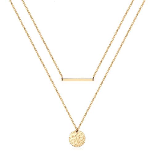 Double Geometric Disc Metal Necklace Stainless Steel Chain Plated 18K Real Gold Pressure Round Pendant Choker Women