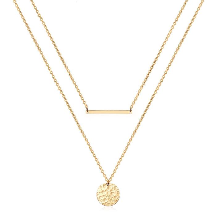 Double Geometric Disc Metal Necklace Stainless Steel Chain Plated 18K Real Gold Pressure Round Pendant Choker Women