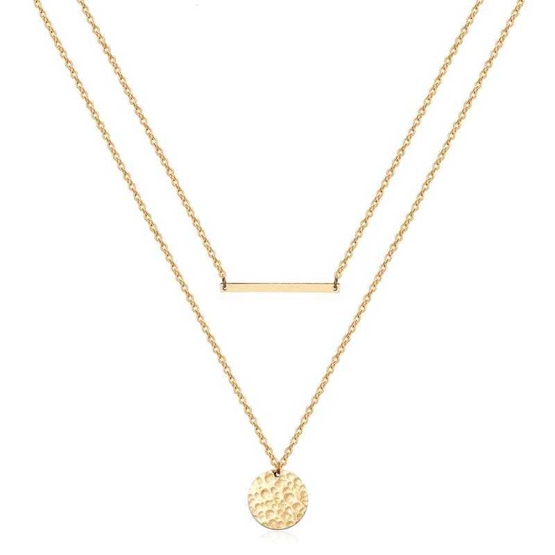 Double Geometric Disc Metal Necklace Stainless Steel Chain Plated 18K Real Gold Pressure Round Pendant Choker Women