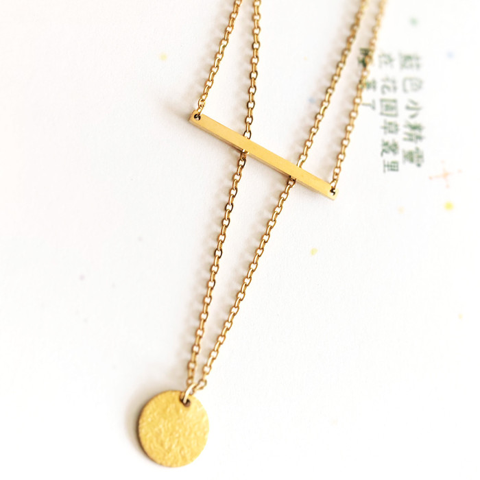 Double Geometric Disc Metal Necklace Stainless Steel Chain Plated 18K Real Gold Pressure Round Pendant Choker Women