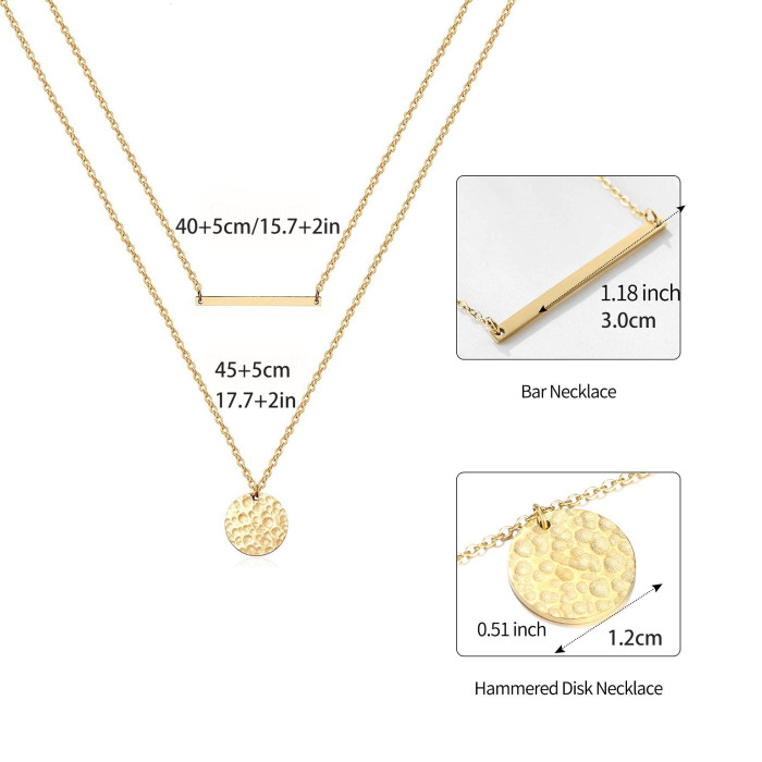 Double Geometric Disc Metal Necklace Stainless Steel Chain Plated 18K Real Gold Pressure Round Pendant Choker Women