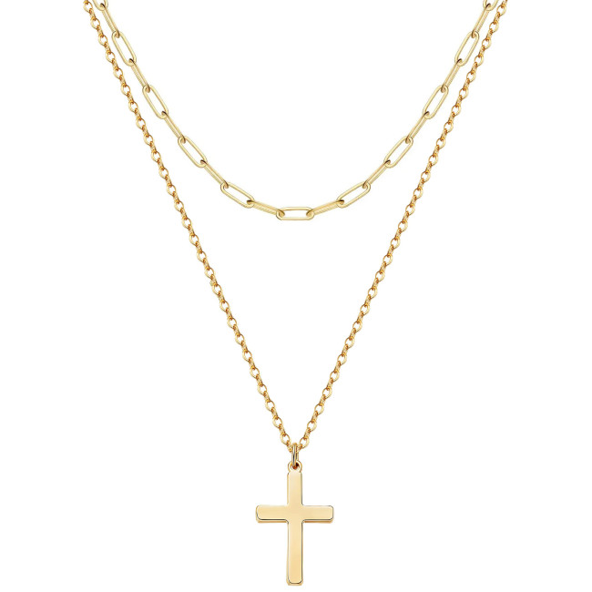 Simple Stainless Steel Cross Chain Square Wire Chain Women's Cross Stainless Steel Double Necklace