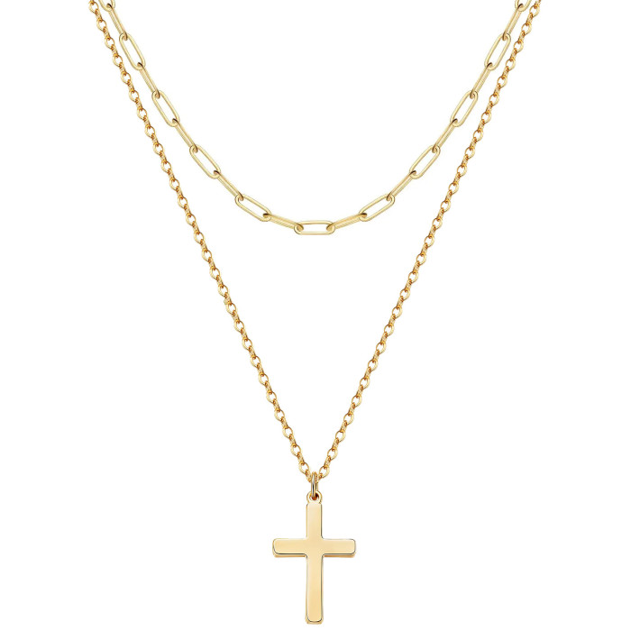 Simple Stainless Steel Cross Chain Square Wire Chain Women's Cross Stainless Steel Double Necklace