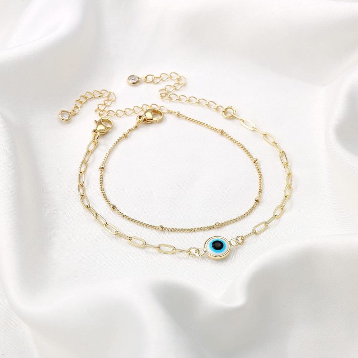 18K Gold Plated Multi-Layer Stainless Steel Chain Glass Blue Eyes Bracelet Devil's Eye Bracelet, Necklaces