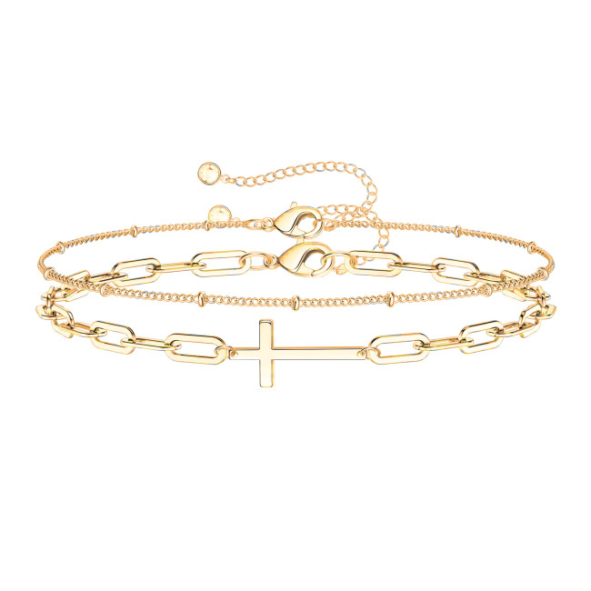 Paperclip 18K Gold Plated Multi-Layer Stainless Steel Chain Cross Bracelet for Women Gift, Necklaces