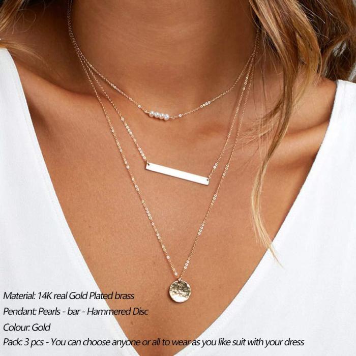 Refined Simple Women's Stainless Steel 18K Dold Plated Pearl Square Piece Round Pendant  Multi-Layer Necklace