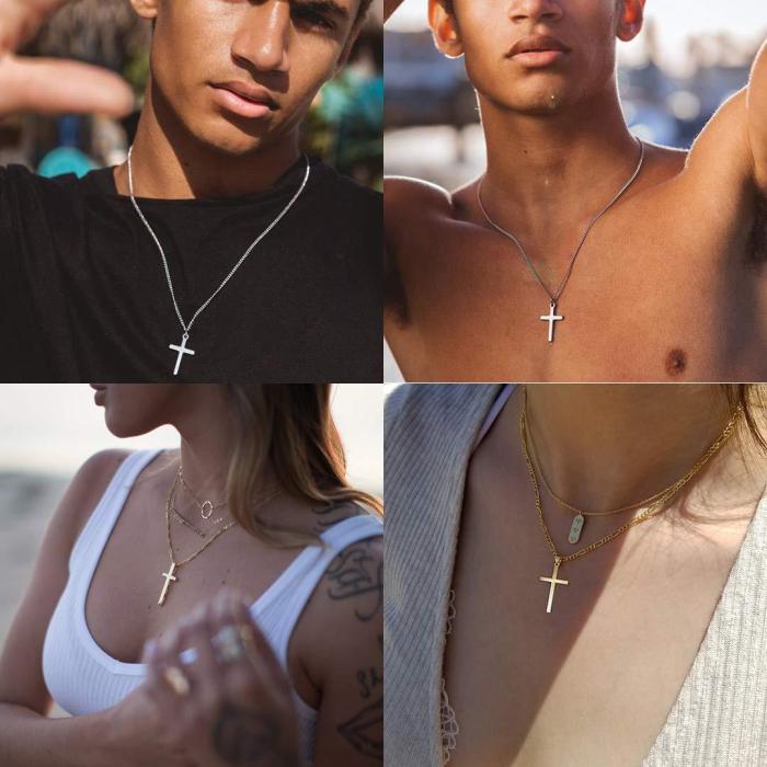 Classic and Simple Stainless Steel Cross Pendant Necklace with Cuban Chain for Men Women