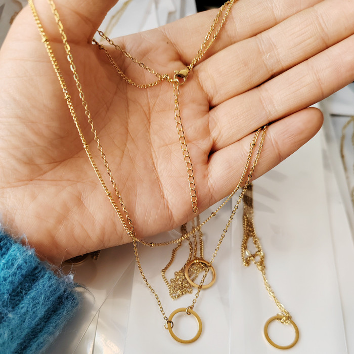 Refined Simple Women's Stainless Steel18K Gold Plating Chain Hollow Circle Pendant Double-Layer Stainless Steel Necklace