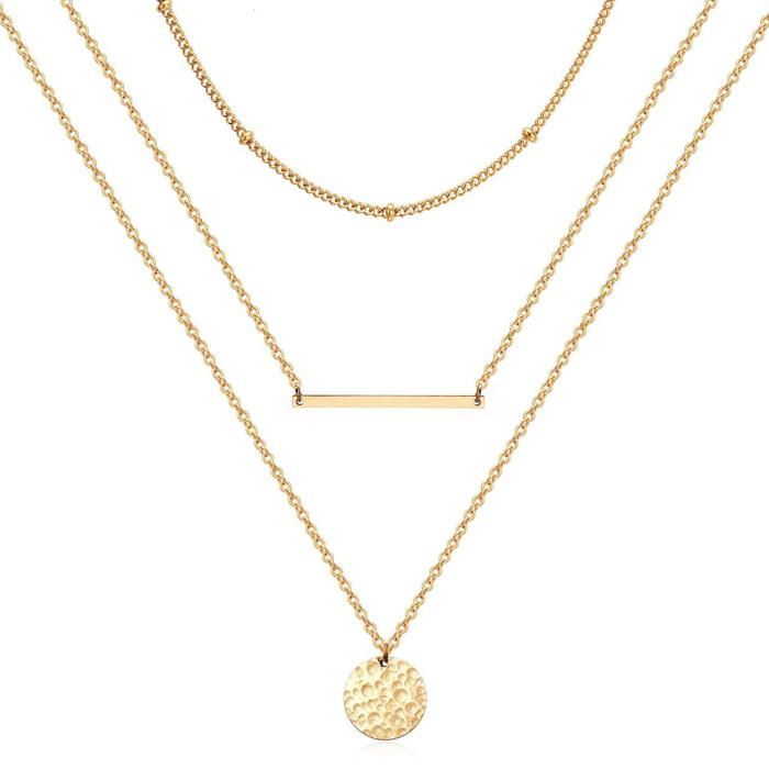 Multi-Layer Stainless Steel Chain Necklace Women's 18K Real Gold Plated Wafer Metal Long Pendant Necklace
