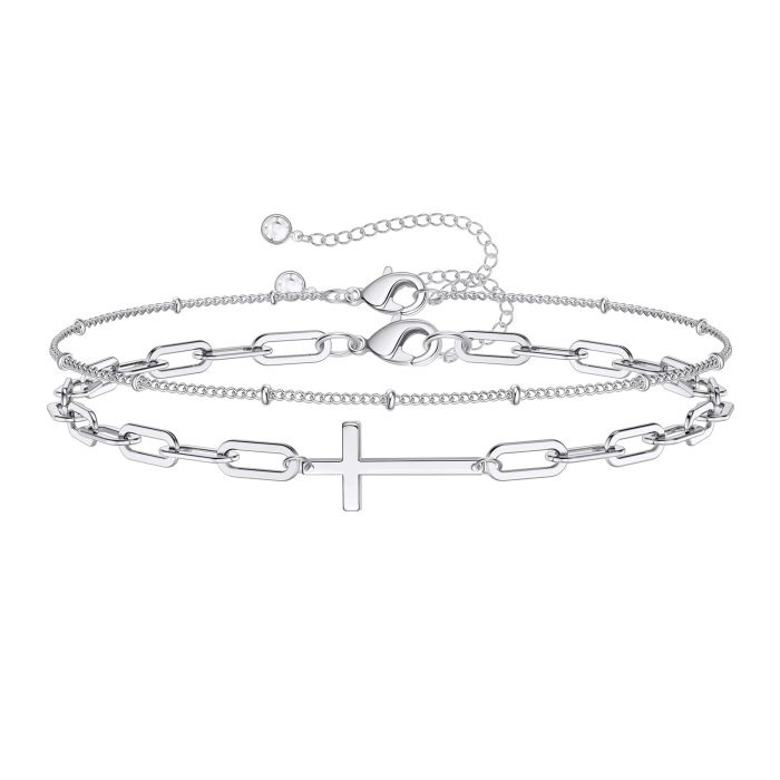 Paperclip 18K Gold Plated Multi-Layer Stainless Steel Chain Cross Bracelet for Women Gift, Necklaces