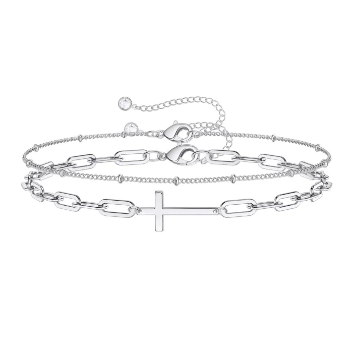 Paperclip 18K Gold  Plated Multi-Layer Stainless Steel Chain Cross Bracelet for Women Gift