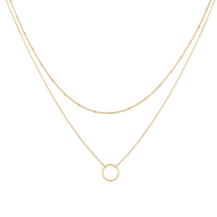 Refined Simple Women's Stainless Steel18K Gold Plating Chain Hollow Circle Pendant Double-Layer Stainless Steel Necklace