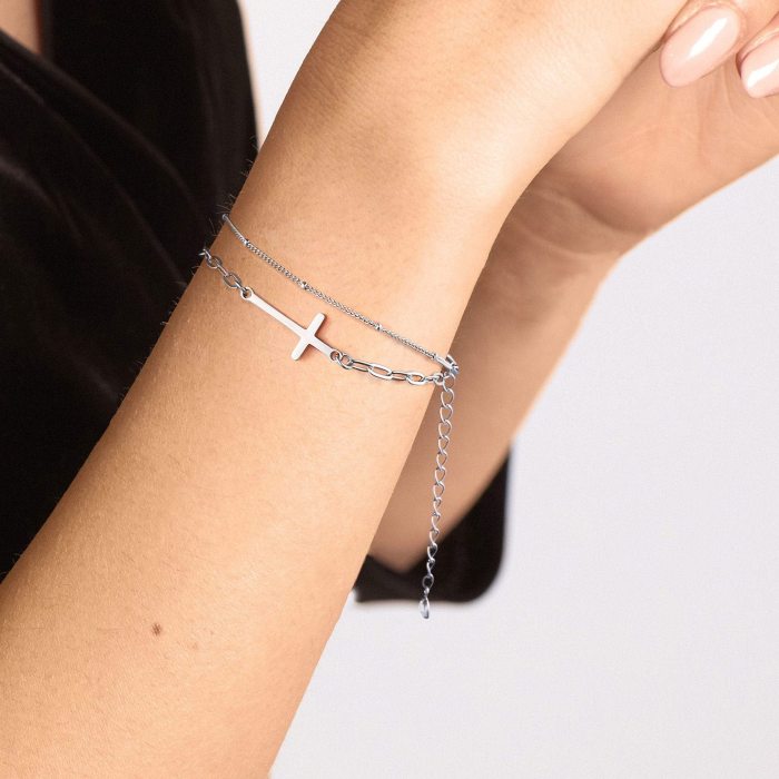 Paperclip 18K Gold Plated Multi-Layer Stainless Steel Chain Cross Bracelet for Women Gift, Necklaces