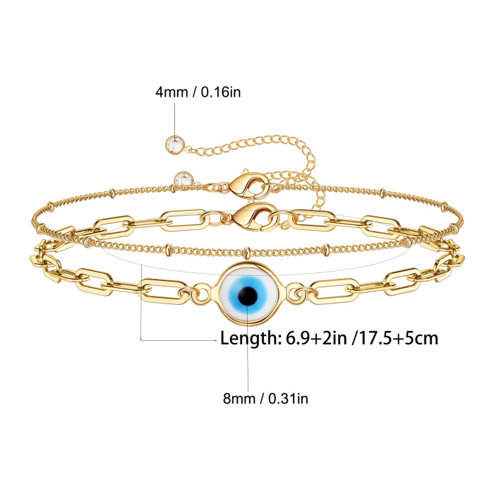 18K Gold Plated Multi-Layer Stainless Steel Chain Glass Blue Eyes Bracelet Devil's Eye Bracelet, Necklaces