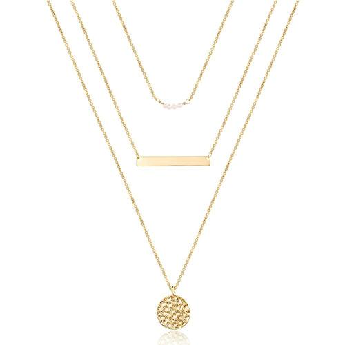 Refined Simple Women's Stainless Steel 18K Dold Plated Pearl Square Piece Round Pendant  Multi-Layer Necklace