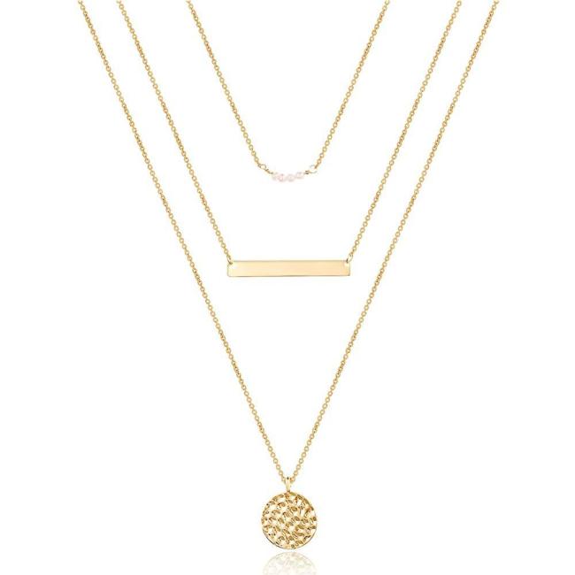 Refined Simple Women's Stainless Steel 18K Dold Plated Pearl Square Piece Round Pendant  Multi-Layer Necklace