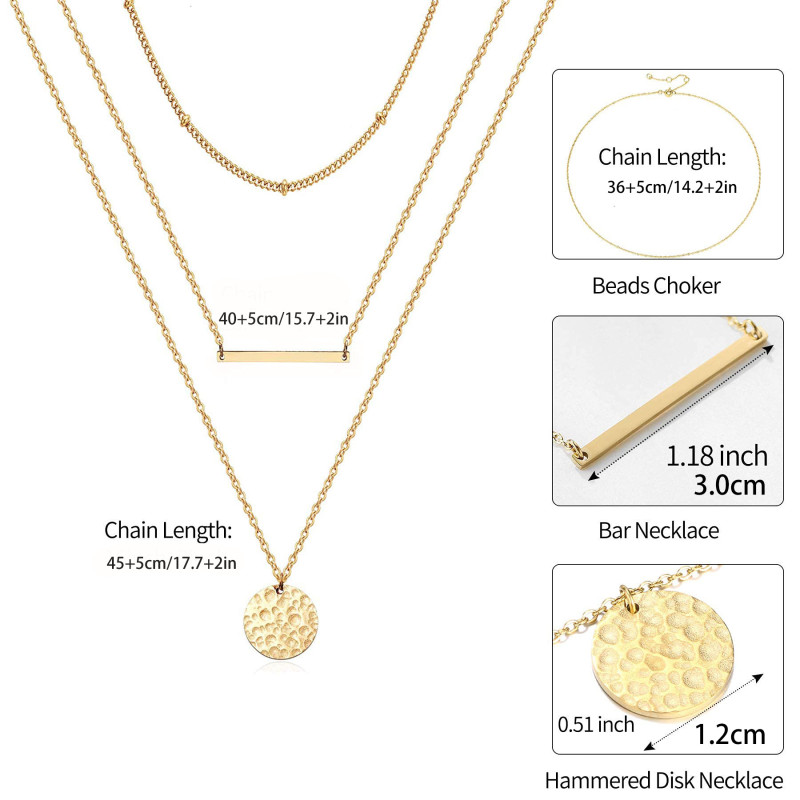 Multi-Layer Stainless Steel Chain Necklace Women's 18K Real Gold plated Wafer Metal Long Pendant Necklace