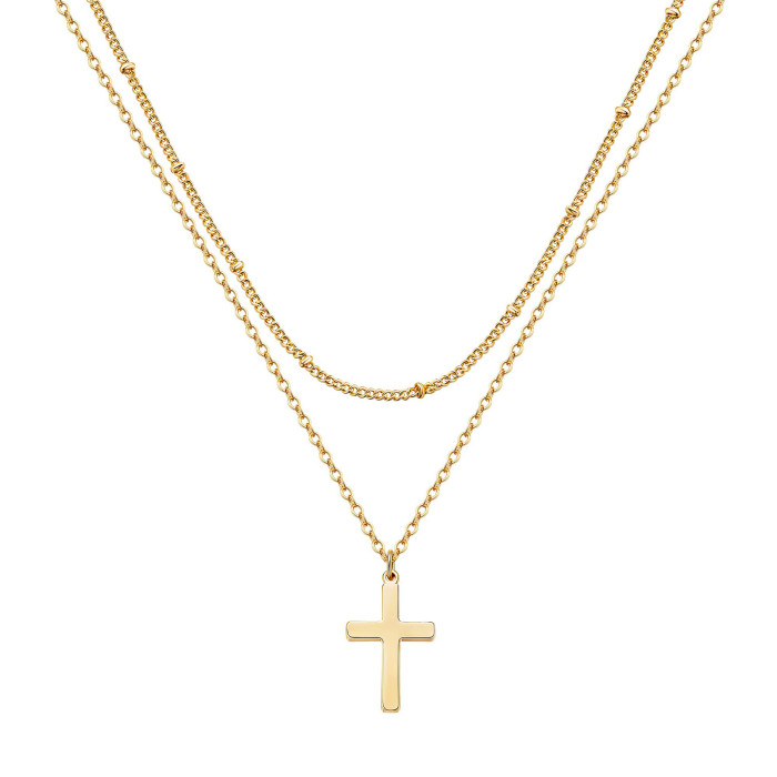 Simple Stainless Steel Cross Chain Clip Bead Necklace Stainless Steel Double Layer Cross Multi-Layer Necklace Women