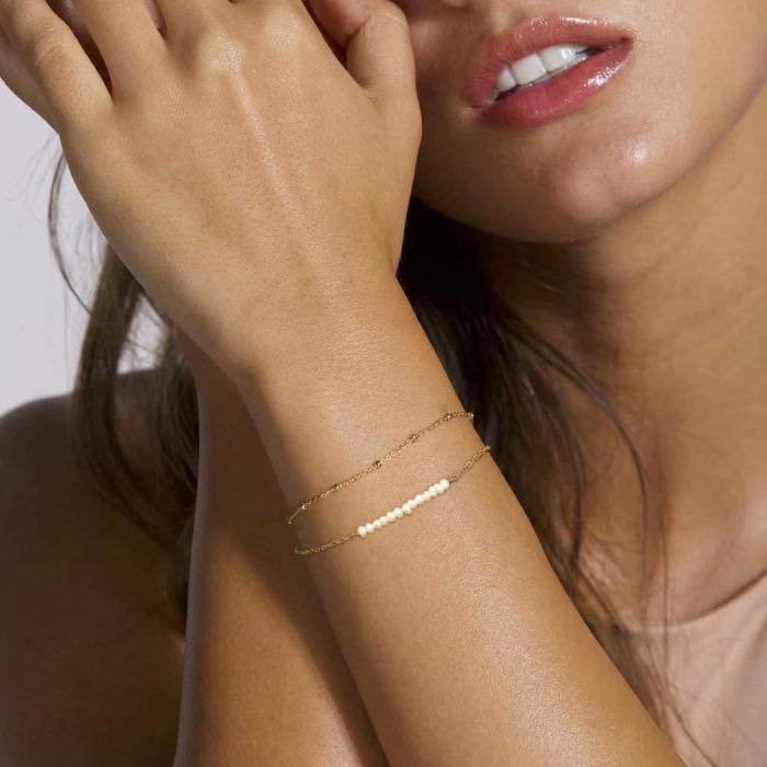 Double Layer Semi-Precious Irregular Imitation Baroque Pearl Bracelet 18K Plated Stainless Steel Bracelet for Women