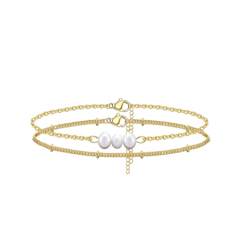 Stainless Steel Chain  18K Plated Double Layer 6mm Imitation Pearl Bracelet Women  Ladies Gift