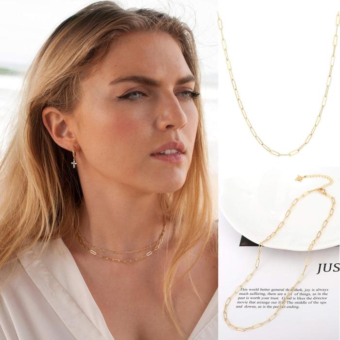Paperclip Chain Necklace Stainless Steel 18K Gold Clip Chain Oval Flat Floss Chain Women  Accessories