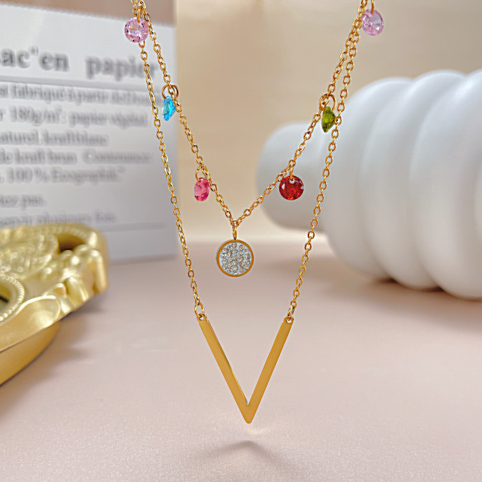 Ornament Wholesale Minority Fashion Design Color Zircon Clavicle Chain Simple Double Layer Twin Titanium Steel Necklace
