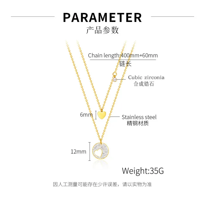 Women's Korean-Style Fashion Titanium Steel Double-Layer Heart-Shaped Stainless Steel Hollow  Necklace