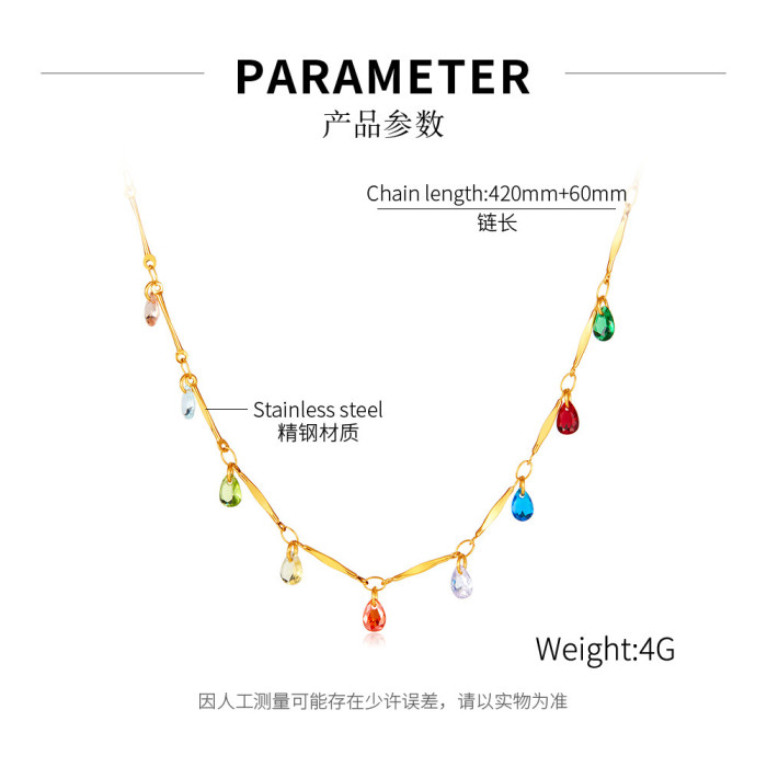 Personalized Tassel Color Crystal Stone Chain Cross-Border Trend Stainless Steel Necklace for Women