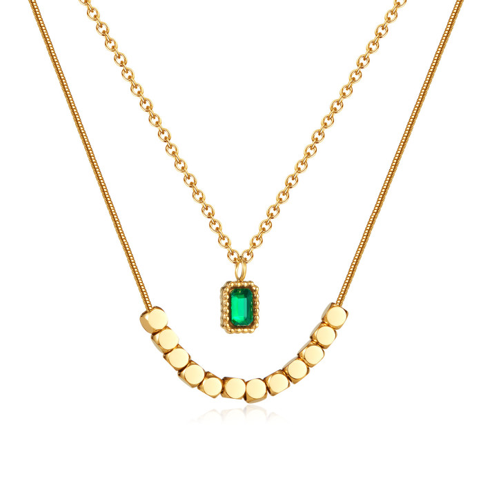 Summer New Fashion High-Grade Emerald Zircon Stainless Steel Small Square Necklace for Women
