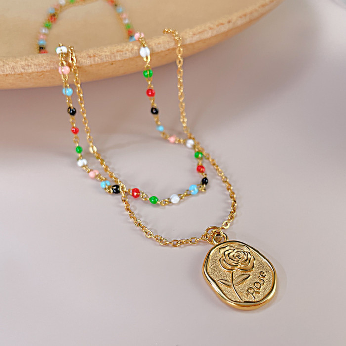 Titanium Steel Vintage Stainless Steel Design Flower Pattern Double-Layer Color Beaded Necklace