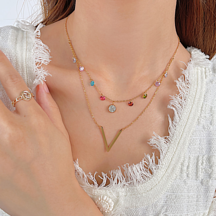 Ornament Wholesale Minority Fashion Design Color Zircon Clavicle Chain Simple Double Layer Twin Titanium Steel Necklace