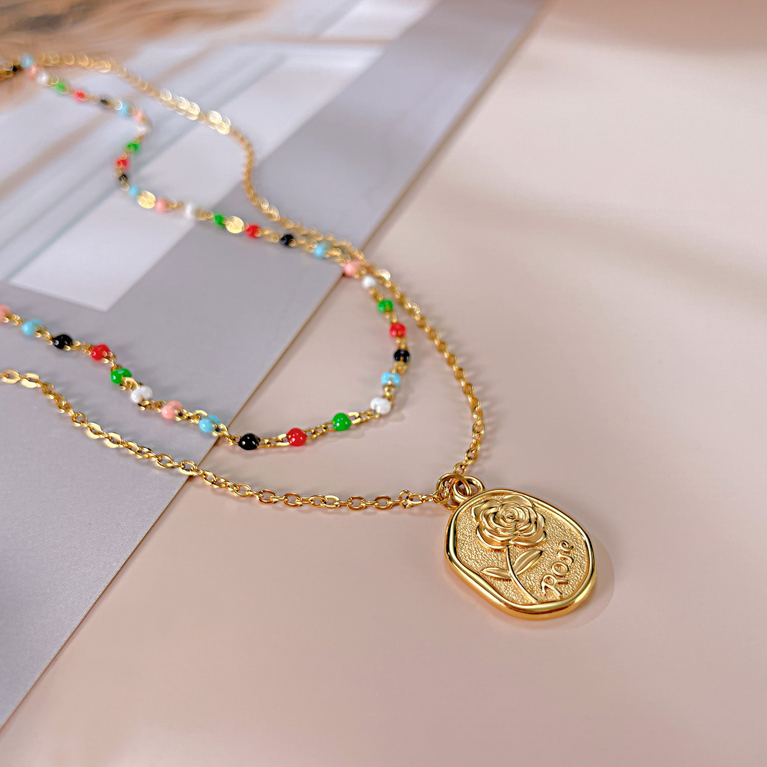 Titanium Steel Vintage Stainless Steel Design Flower Pattern Double-Layer Color Beaded Necklace4