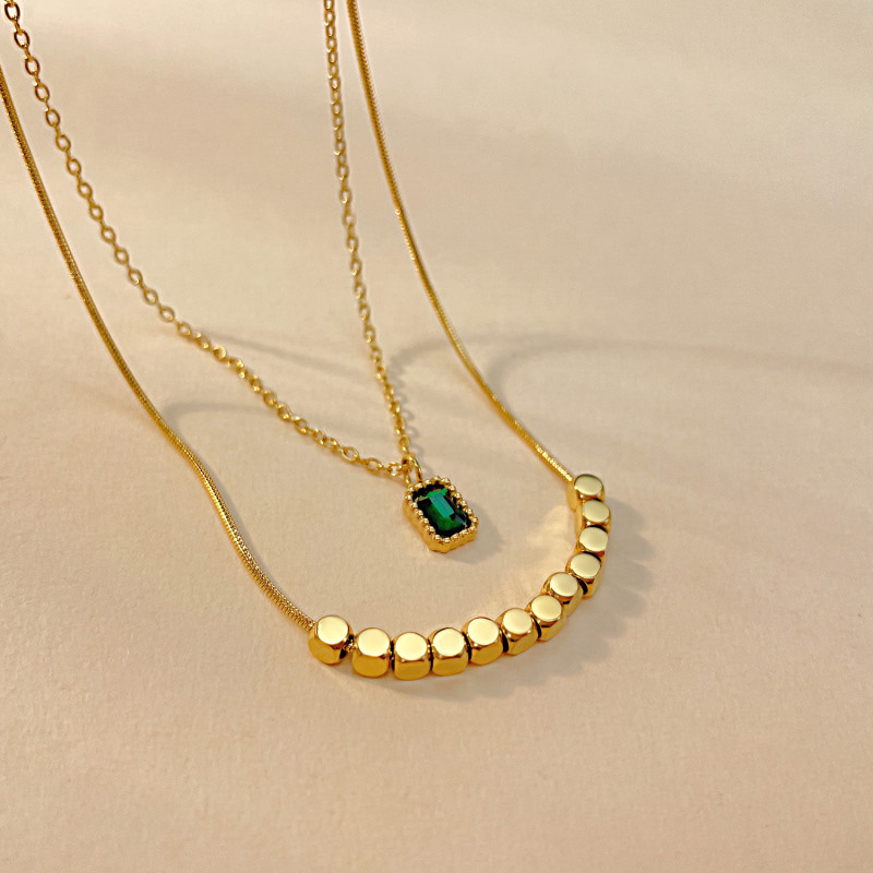 Summer New Fashion High-Grade Emerald Zircon Stainless Steel Small Square Necklace for Women