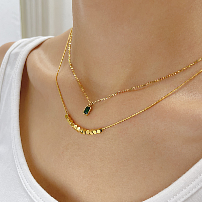 Summer New Fashion High-Grade Emerald Zircon Stainless Steel Small Square Necklace for Women