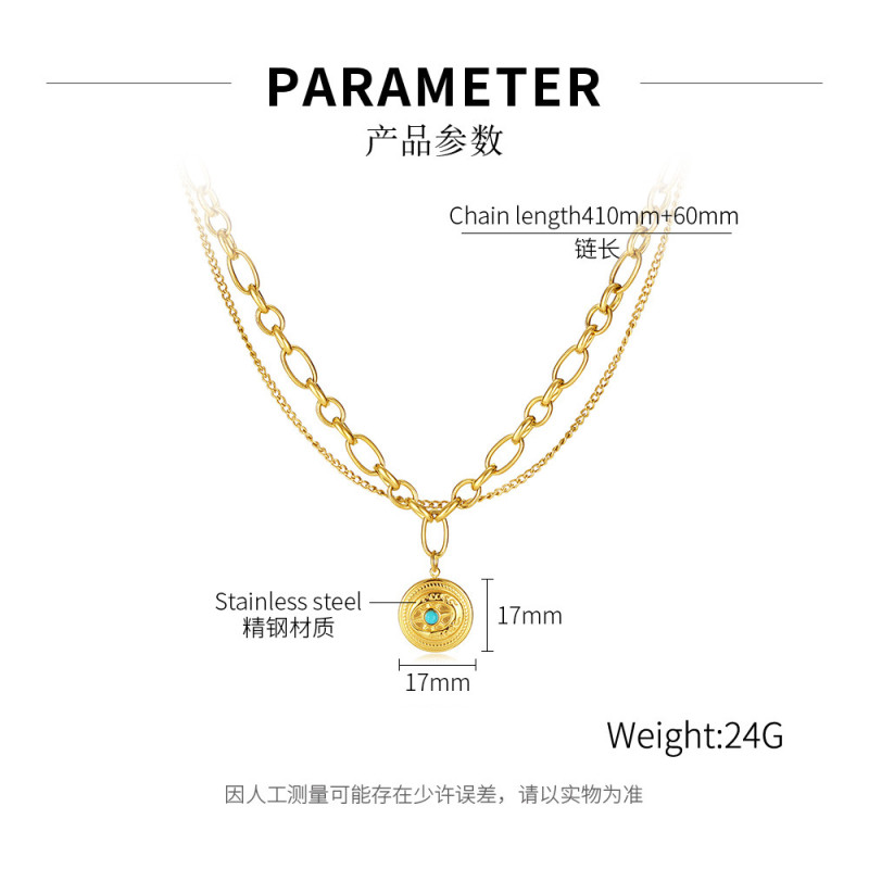 Hot Selling Stainless Steel Gold Plated round Plate Pendant Temperament Double Layer Necklace
