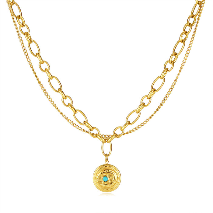 Hot Selling Stainless Steel Gold Plated round Plate Pendant Temperament Double Layer Necklace