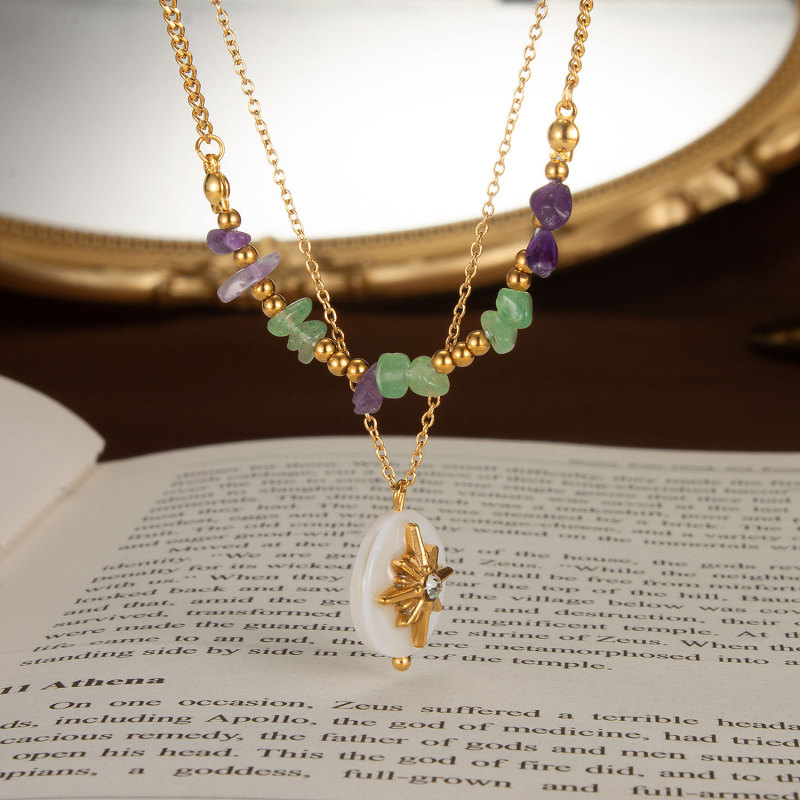 Double Layer Natural Stone Necklace Premium Fritillary Eight Awn Star Pendant Stainless Steel Necklace