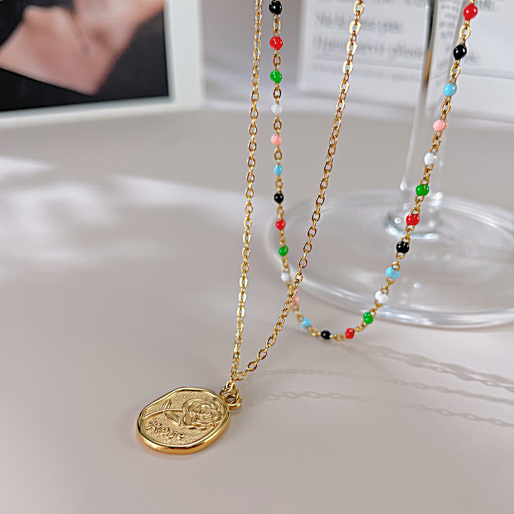 Titanium Steel Vintage Stainless Steel Design Flower Pattern Double-Layer Color Beaded Necklace3