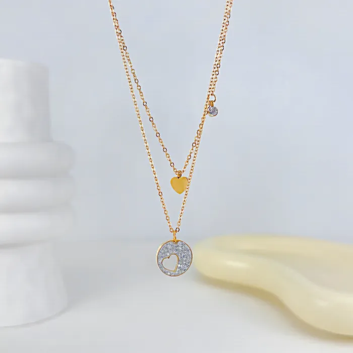 Women's Korean-Style Fashion Titanium Steel Double-Layer Heart-Shaped Stainless Steel Hollow  Necklace