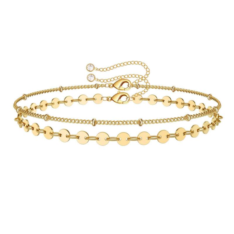 Double Layer Bead  Bracelet Suit Women Girl Twin Colorfast 18K Gold Stainless Steel Wafer Bracelet