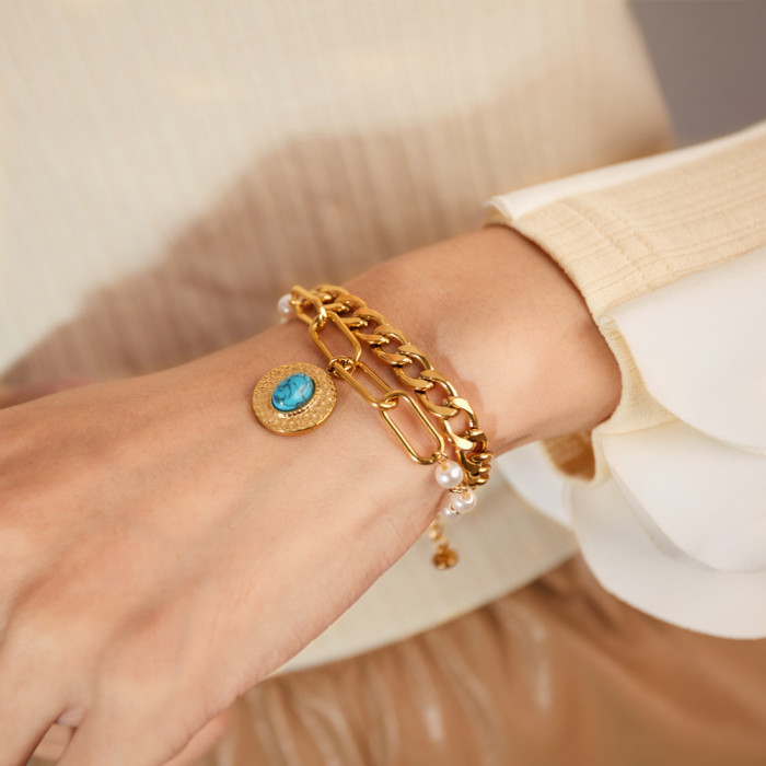 American Style Fashion Titanium Steel Irregular Round Brand Double-Layer Stainless Steel Twin Pearl Bracelet for Women